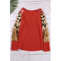 Orange Multi Print Color-block Sleeves Waffle Knit Top