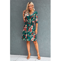 Green Floral 3/4 Sleeve Wrap Dress