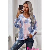 Long Sleeve Tie Dye Print V Neck Top