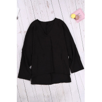 Black V Neck 3/4 Sleeve High Low Hem Shirt