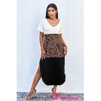 Colorblock Leopard Cotton Blend Casual Maxi T-shirt Dress