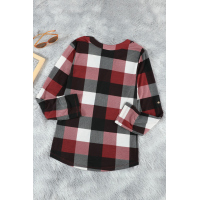 Red Contrast Plaid V Neck Long Sleeve Top