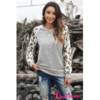 Gray Round Neck Leopard Long Sleeve Top