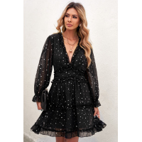 Black Glitter Stars V Neck Backless Ruffle Mini Dress