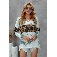 Green Tie Dye Print Leopard Splicing V Neck Long Sleeve Top