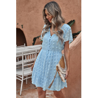 Sky Blue Polka Dot V Neck Ruffled Short Sleeves Mini Dress