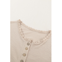 Beige Buttoned Ribbed Knit Short Sleeve Top