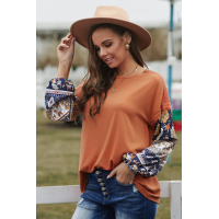 Brown Boho Floral Print Balloon Sleeve Top with Lace Details