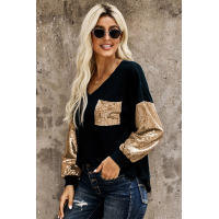 Sequin Splicing Black V Neck Bishop Sleeves Top