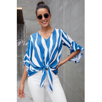 Sky Blue Vertical Stripes V Neck 3/4 Sleeve Blouse