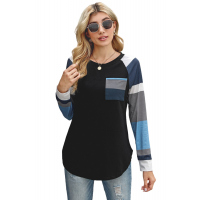 Black Color Block Striped Pocket Long Sleeve Top