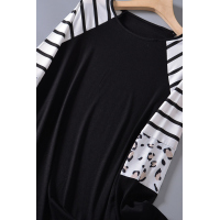 Black Striped Animal Print Colorblock Long Sleeve Top