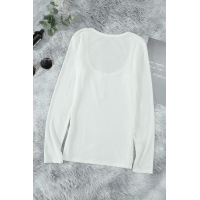 White U Neck Button Knit Long Sleeve Top