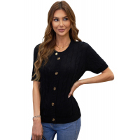 Black Cable Knit Short Sleeve Top with Buttons