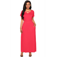 Rosy Red Crisscross V Neck Short Sleeve Maxi Jersey Dress