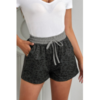 Gray Leopard Print Drawstring Waist Shorts