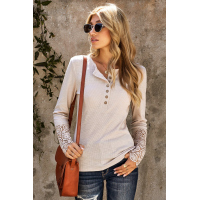 Beige Crochet Lace Hem Sleeve Button Top