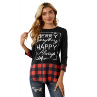 Christmas Letter Print Red Plaid Cuffs and Hem Long Sleeve Top