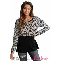 Striped Leopard Splicing Black Long Sleeve Top