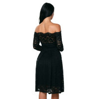 Black Long Sleeve Floral Lace Boat Neck Cocktail Swing Dress