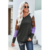 Gray Multi Print Color-block Sleeves Waffle Knit Top