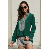 Green Long Sleeves Front Embroidery Blouse