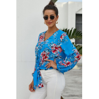 Sky Blue V Neck Long Sleeve Tie Front Blouse