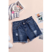 Blue High Rise Ruffle Waist Denim Shorts