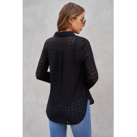 Black Long Sleeve Eyelet Floral Pattern Hollow-out Shirt