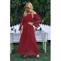 Wine Off Shoulder Embroidered Flared Sleeve Lace Maxi Dress