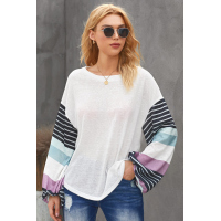 White Striped Colorblock Long Sleeve Knit Top