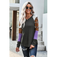 Gray Multi Print Color-block Sleeves Waffle Knit Top