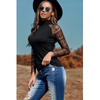 Black High Neck Lace Crochet Long Sleeve Top