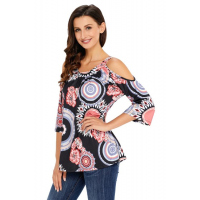 Dark Boho Print Half Sleeve Cold Shoulder Top