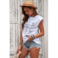 White Padded Shoulder Letter Print Tank Top