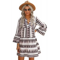 Geometric Print V neck Flare Half Sleeve Ruffle Swing Mini Dress